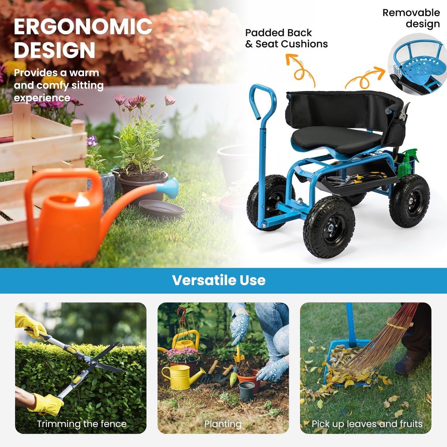 ERGOMASTER Rolling Garden Seat with Wheels, Adjustable 360° Swivel Workseat and Storage Basket, Extendable Handle, Outdoor Gardening Wagon Scooter, Blue