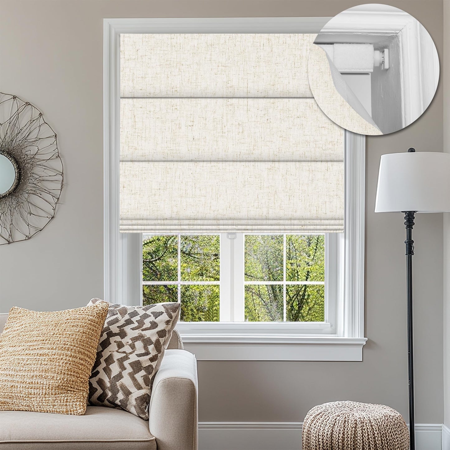 BERISSA No Drill Roman Shades for Windows Blackout, Cordless Linen Fabric Roman Blinds for Windows,Pull Down Room Darkening Window Shades for Home Office,Linen Beige,Custom Size