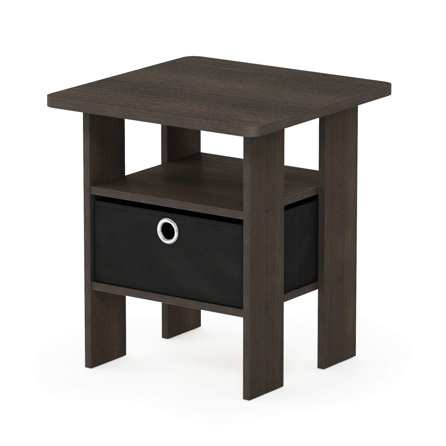 Furinno ANDREY Side Table, End Table, Night Stand with Open Shelves and Storage Bin, Bedside Table, for Living Room, Bedroom, Dark Brown
