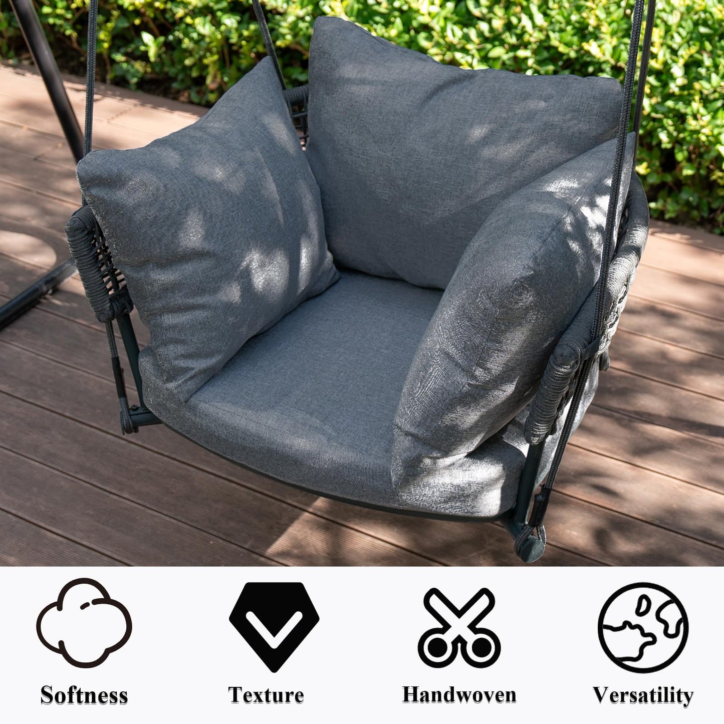 DAYAOUTDOOR Single Porch Swings Chair with Cushions, Hanging Rope Swing, Hanging Chair for Bedroom, Hammock Chairs Swing Indoor & Outdoor, Macrame Hanging Swinging, Patio, Balcony, Dark Grey
