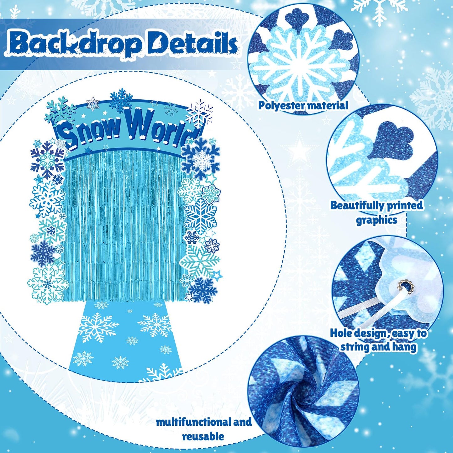 VitalCozy 7pcs Birthday Party Decorations Snowflake Tinsel Foil Fringe Curtains Porch Banners Snow Rug Backdrop for Wonderland Party Decoration Winter Supplies