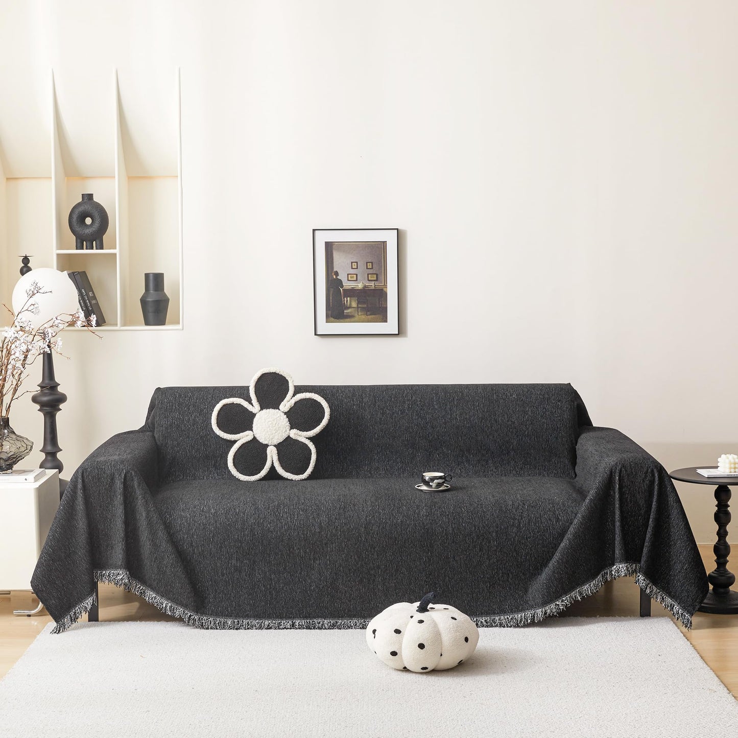 MEETSKY Couch Cover for 3 Cushion Sofa, Pet Friendly with Tassel Edge, Modern Washable Slipcover for Dogs & Cats, Universal Sofa Throw Cover, 71"x150", Black