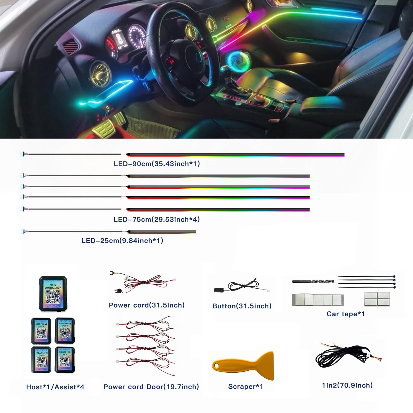 Acrylic Interior Car LED Strip Lights,dreamcolor 6-in-1 Car Ambient Lighting Kit, with APP Control, 622 LED Fiber Optic Strip Lights for Cars,Supports Neon Sync with Music DIY Mode.
