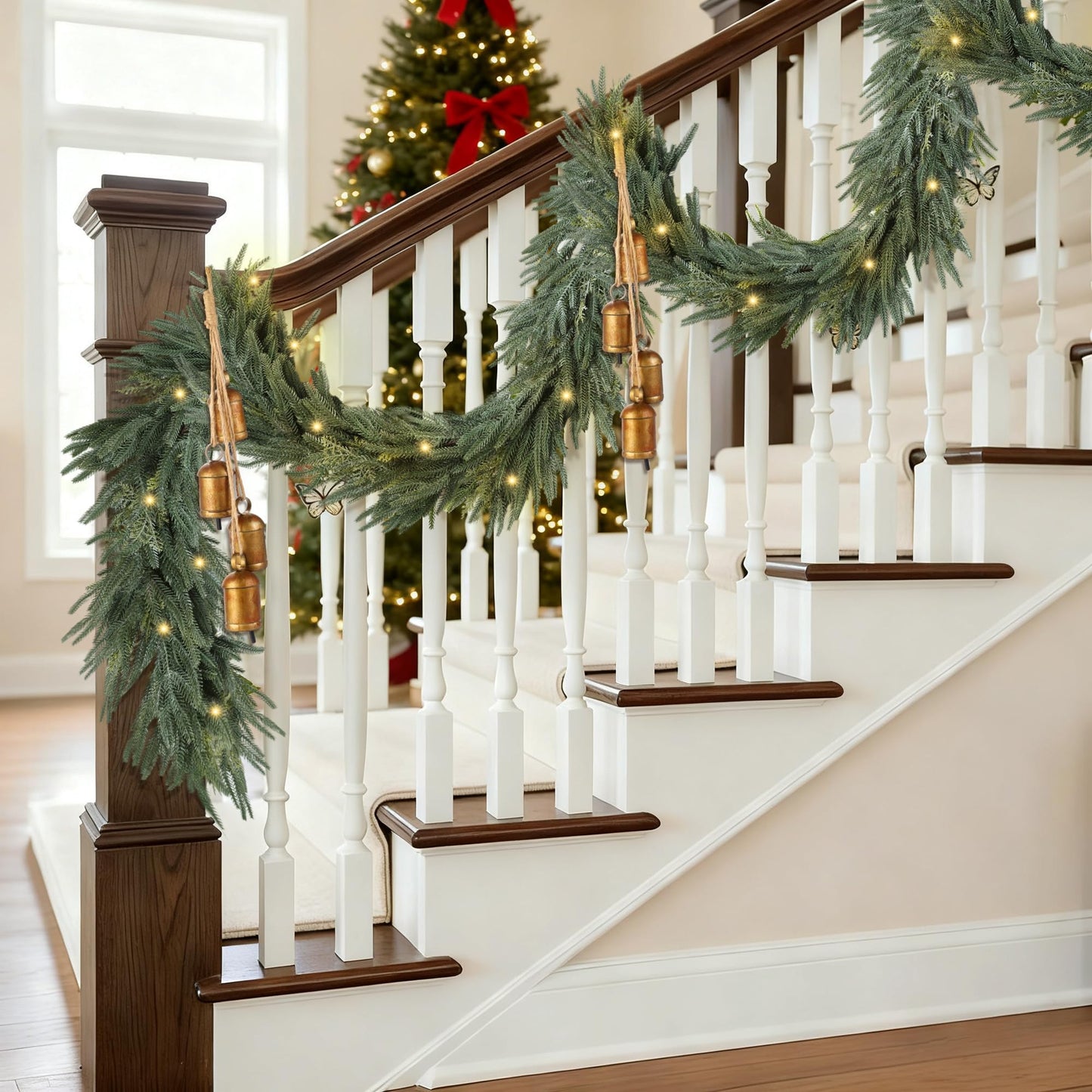 Fovths 9 Ft Christmas Garlands with Lights and Bells Real Touch Norfork Pine Garland Artificial Greenery Garlands for Christmas Mantle, Table Indoor Outdoor Decorations, Green