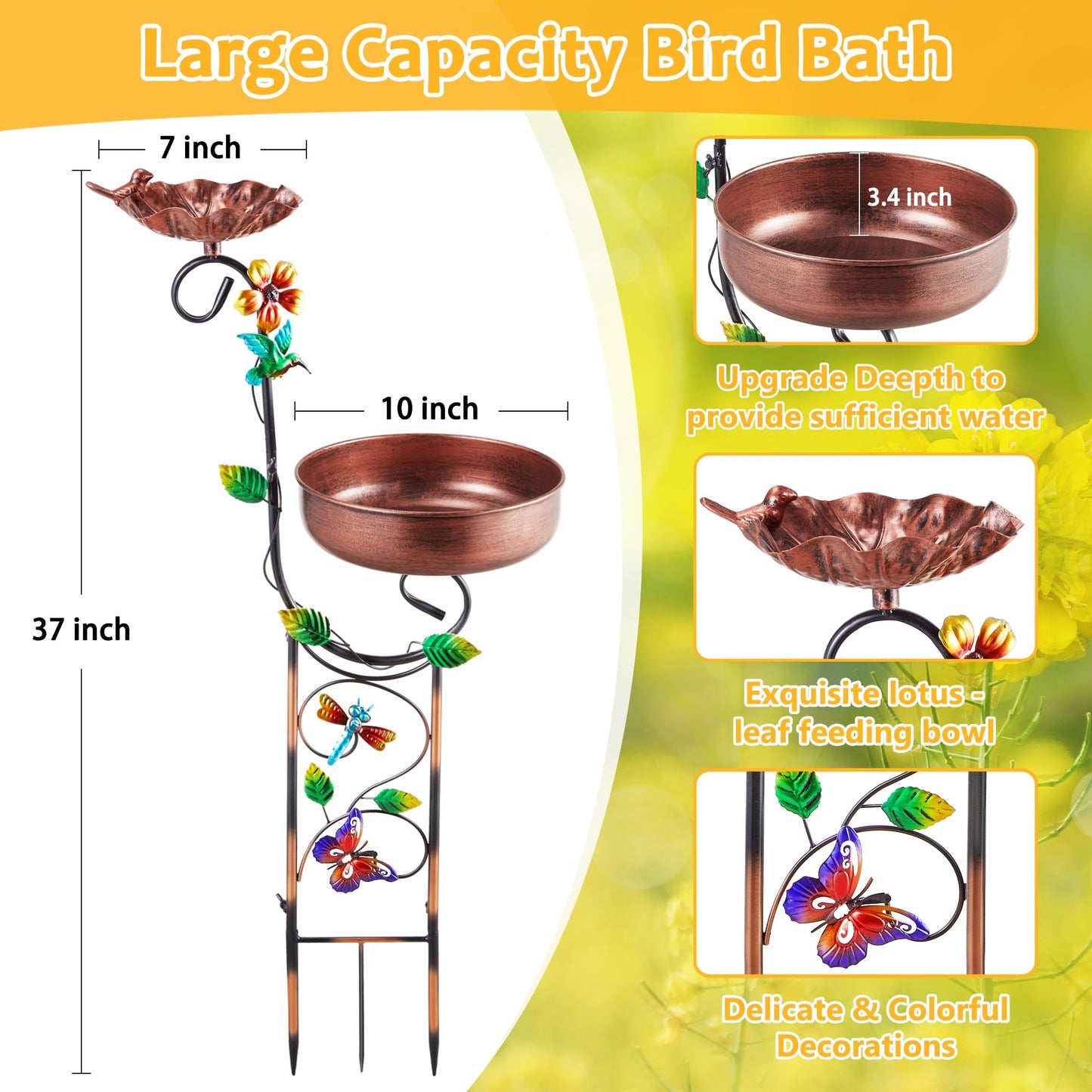 YOFOVI 2 In 1 Bird Bath for Outside, Freestanding Large Bird Feeder Birdbaths for Outdoors, Garden Metal Bird Baths Bowl for Patio Yard, Copper