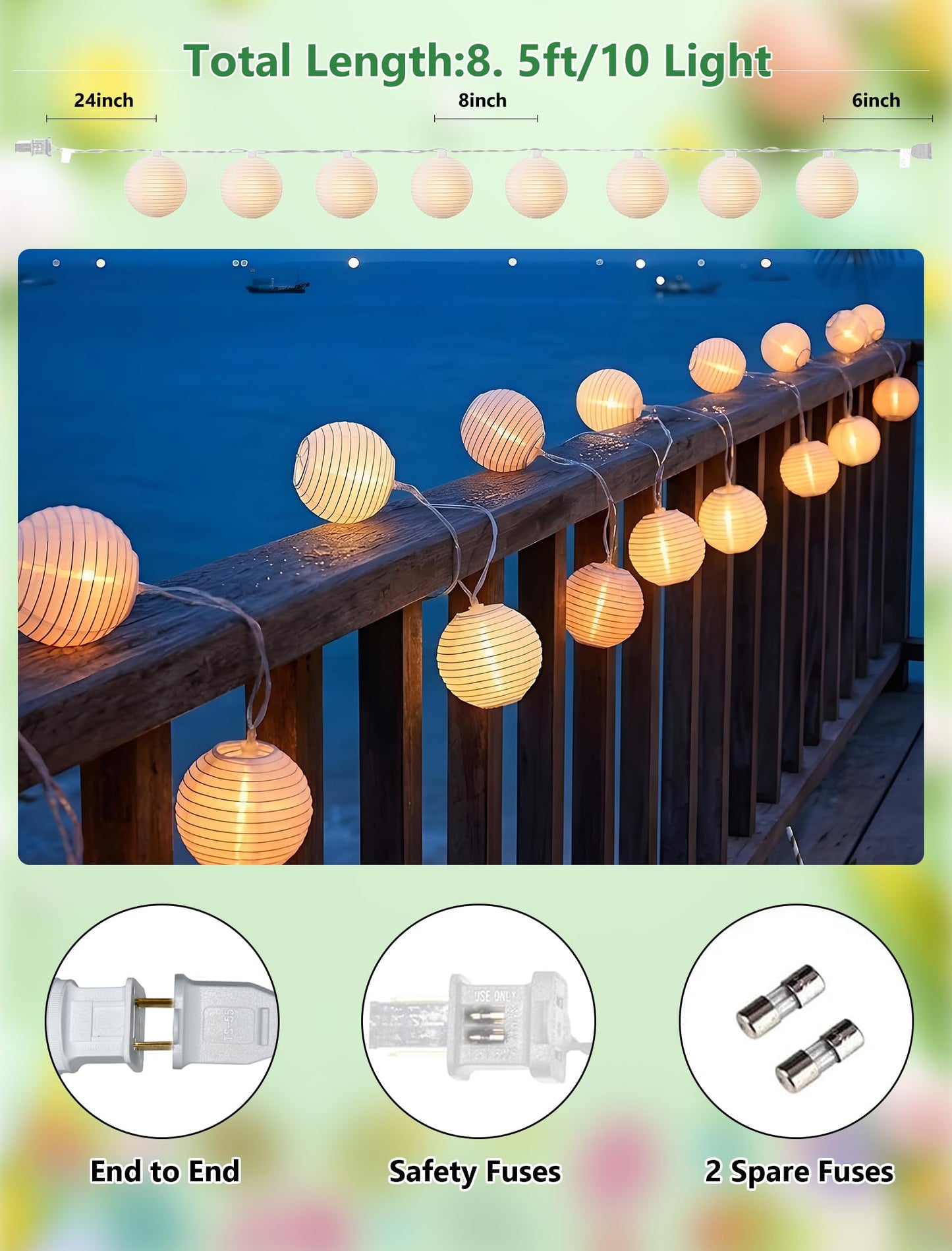 White Lantern String Lights Plug in, 8.5Ft Hanging Indoor Decorative String Lights with 10 Cute White Nylon Lanterns Lights Connectable for Indoor Outdoor Bedroom Ramadan Backyard Patio Bistro Decor
