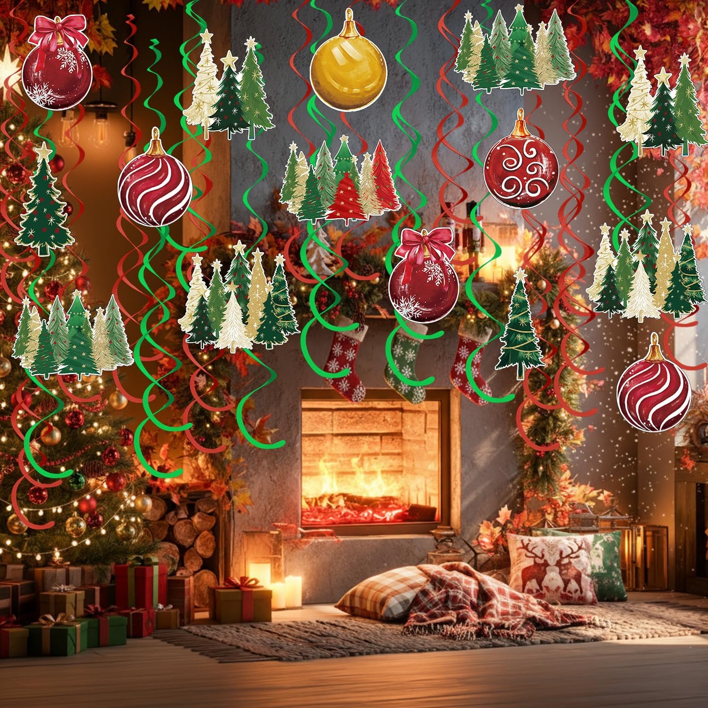 Horaldaily Christmas 44 Pieces Party Hanging Swirl Banner Decorations, Christmas Trees Ball Ornaments Party Hanging Swirls Streamers Ceiling Decor for Home Office Classroom School Boys Girls Supplies