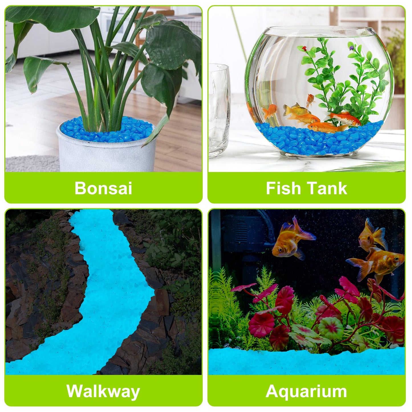 4000pcs 5-8mm Bule Glowing Pebbles Glow Pebbles Aquarium Rocks Glow in The Dark Decorative Stones for Walkways Driveway Yard Grass Fish Tank Plant Pots