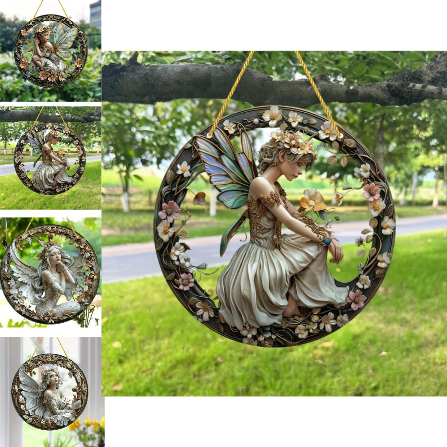 VTYFRY Flower Fairy Garden Decorations Angel Wing Christmas Halloween Deco Statue Art Elf Sculpture Hanging Craft for Outdoor Yard Courtyard Lawn Patio Window Acrylic Ornament Home Gift (B,S: 6*6 IN)
