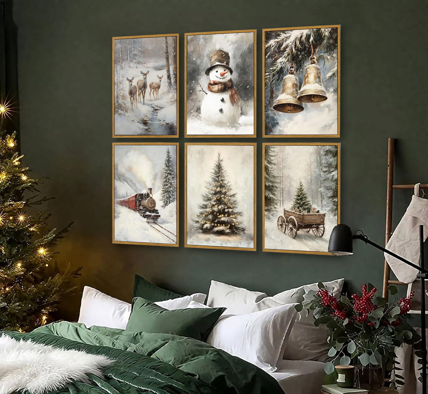 6pcs Retro Christmas Canvas Wall Art Tree Snowman Elk Christmas Posters Prints Paintings Winter Landscape Festive Elements Wall Decor Pictures for Living Room And Bedroom Furniture Decoration Unframed