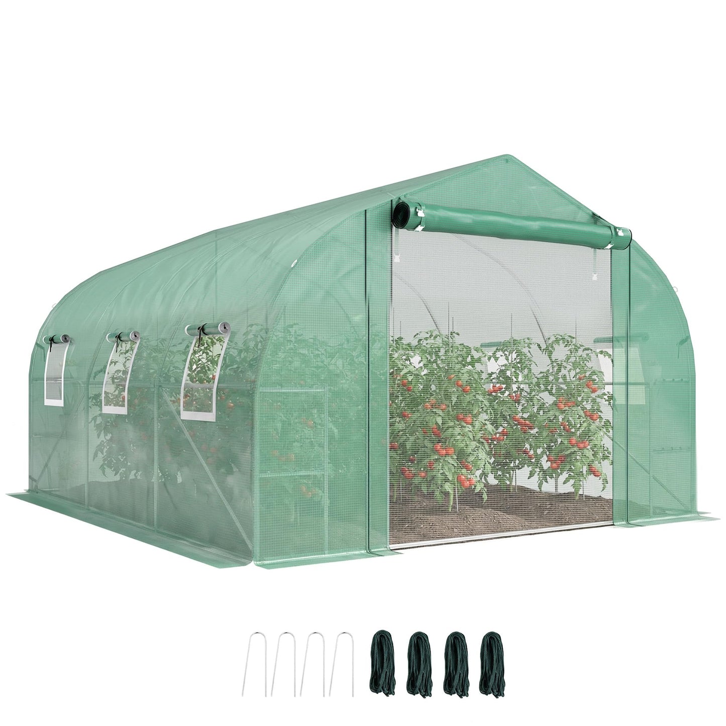 Outsunny 10'x11'x6' Walk-in Tunnel Greenhouse with Shelves, Mesh Door and Windows, Plant Hot House with PE Cover, Outdoor Green House for Patio Lawn Garden, Green
