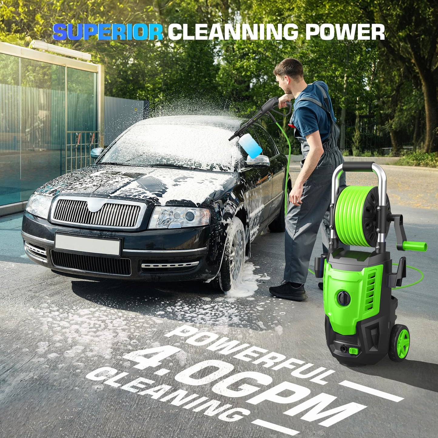 4800PSI Electric Pressure Washer- 3.8GPM High Power Washer with 33FT Hose Reel, 4 Spray Tips and Soap Bottle for Car Washing, Fence Cleaning, Patio Maintenance（Upgraded） (Green)