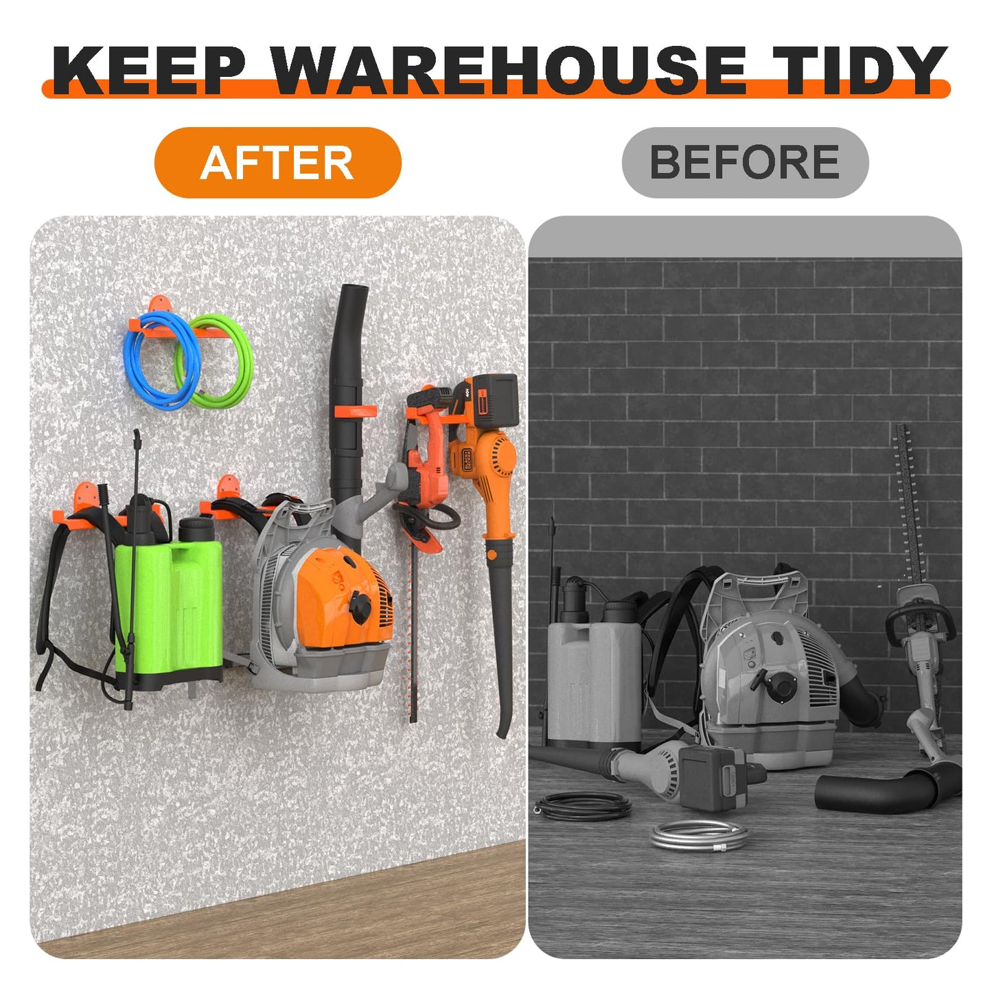 ZSLTLDU 2 Pack Backpack Blower Rack, Heavy Duty Anti-Scratch Leaf Blower Hanger with Hose Holder, Backpack Sprayer Wall Mount for Garage, Warehouse & Outdoor Tool Storage