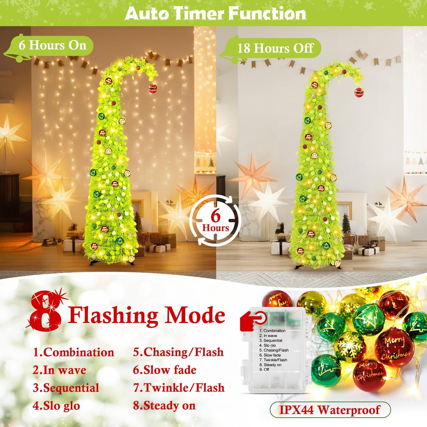 MACTING Whimsical Christmas Tree with Ball String Lights 5FT Green Pop Up Curved Tree with 15 Ball Lights & Hanging Ornaments Collapsible Tinsel Tree for Apartment Porch Indoor Xmas Halloween Decor