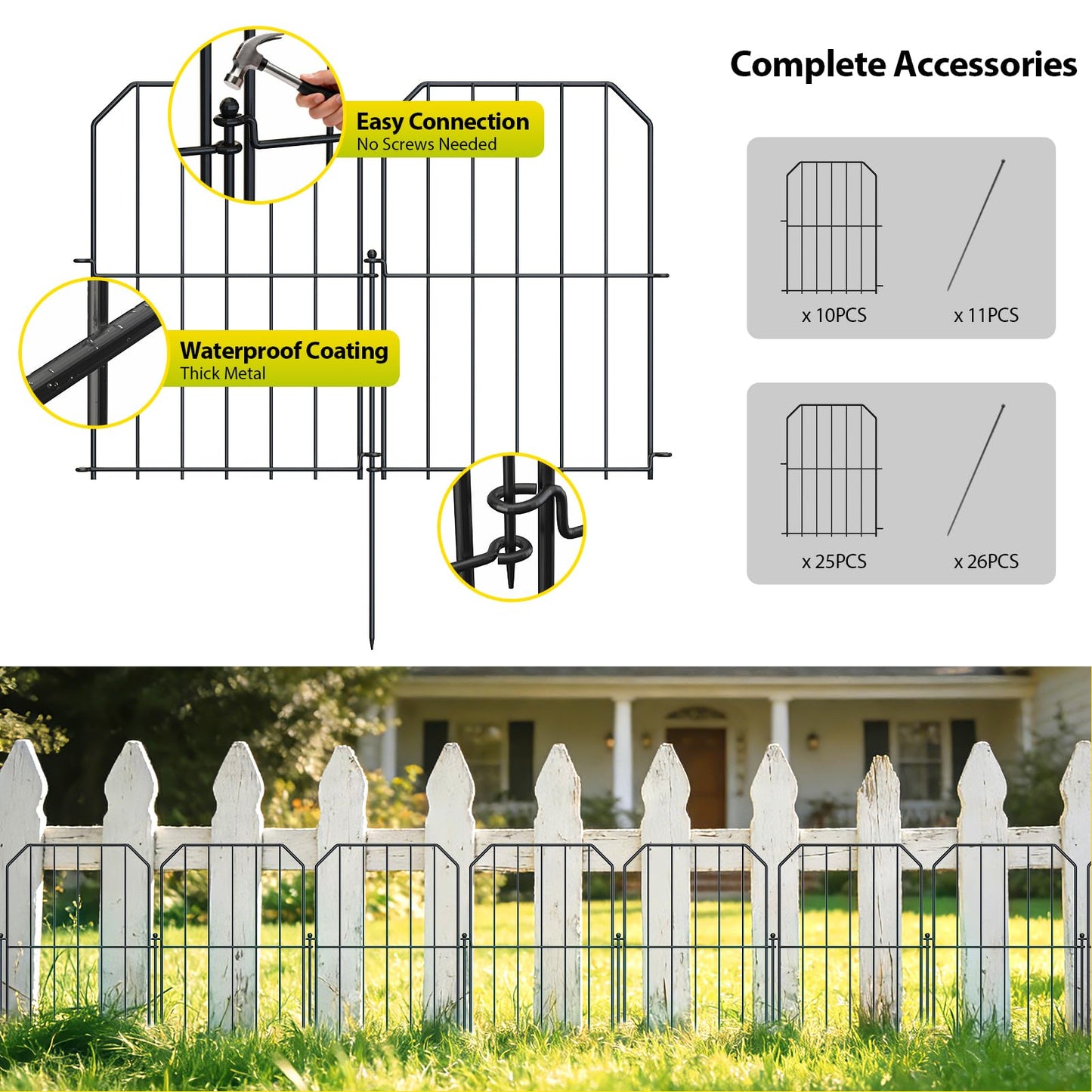 VANCASTLE Decorative Garden Fence, Toatal 10FT(L) x 24IN(H) Outdoor Metal No Dig Fence Animal Barrier, Rustproof No-Tool Assembly Landscape Edging for Yard, Lawn, Patio, Flower Bed-10 Panels Design A