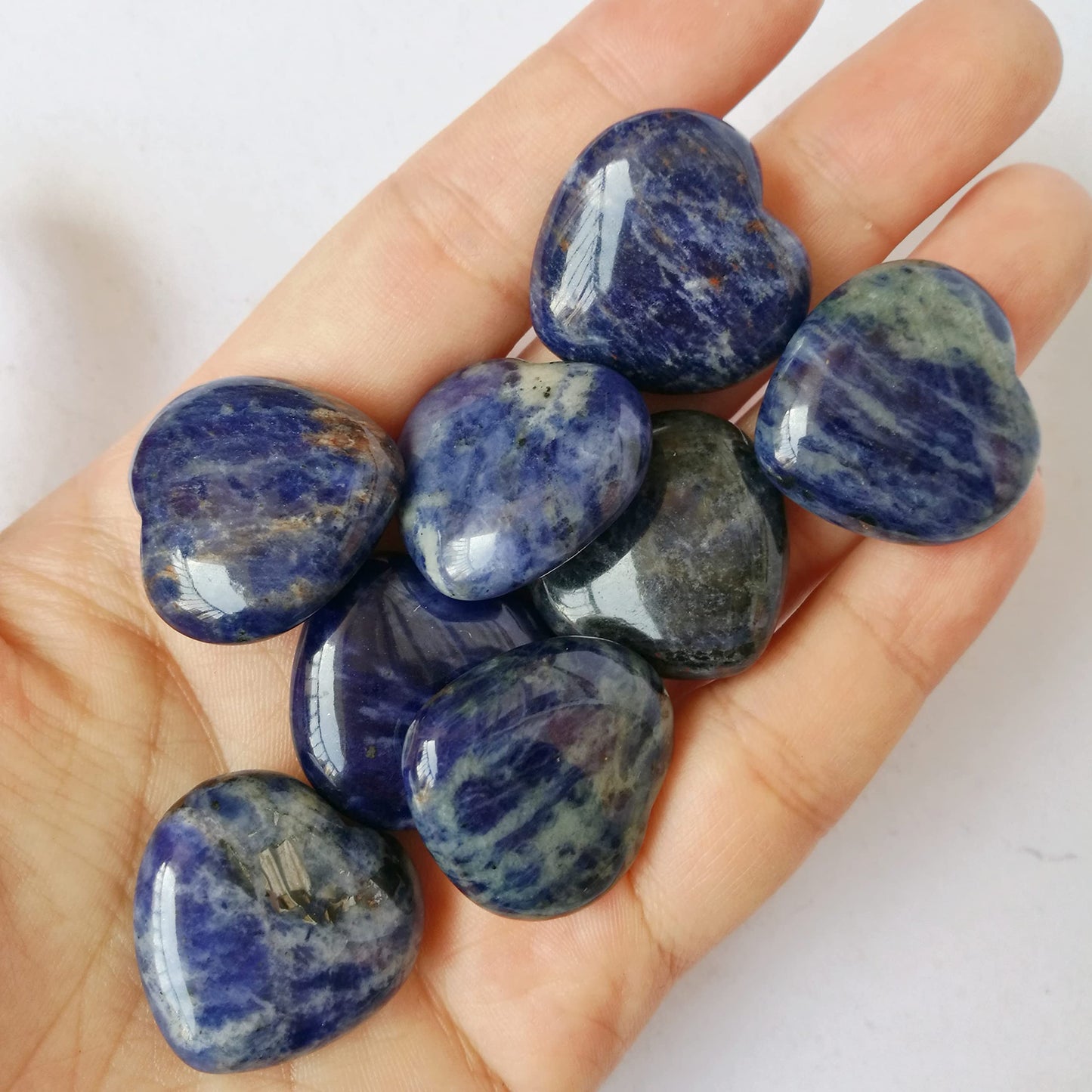 Bacatgem 3 Pcs Natural Sodalite Pocket Palm Thumb Healing Crystal Heart Love Worry Stones,1 inches Reiki Balancing Crystal and Healing Stones