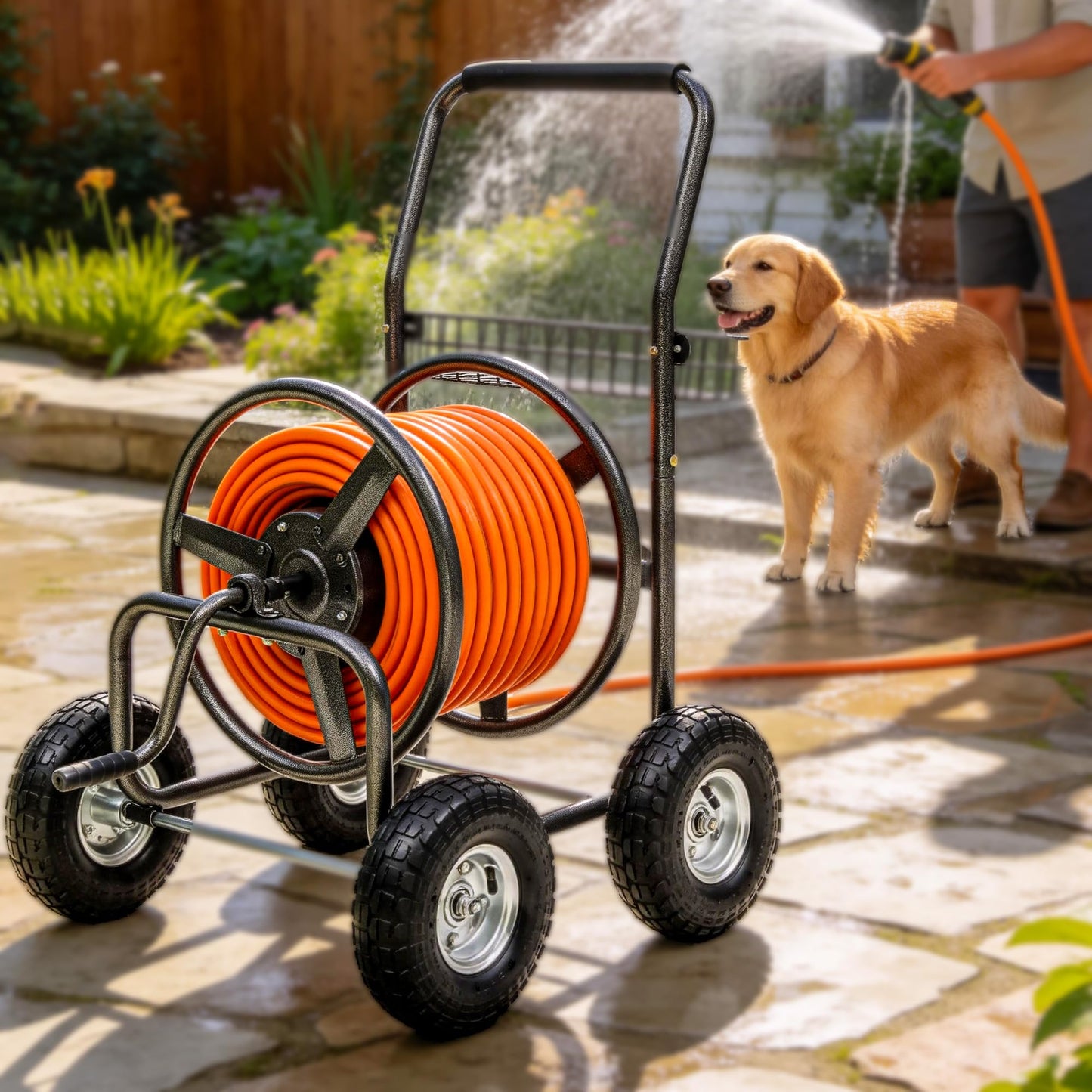 Autodaya Garden Water Hose Reel Cart - 250 ft. Capacity, 10" Pneumatic Tires, Powder-Coated Steel Frame for Tangle-Free Garden Hose Storage