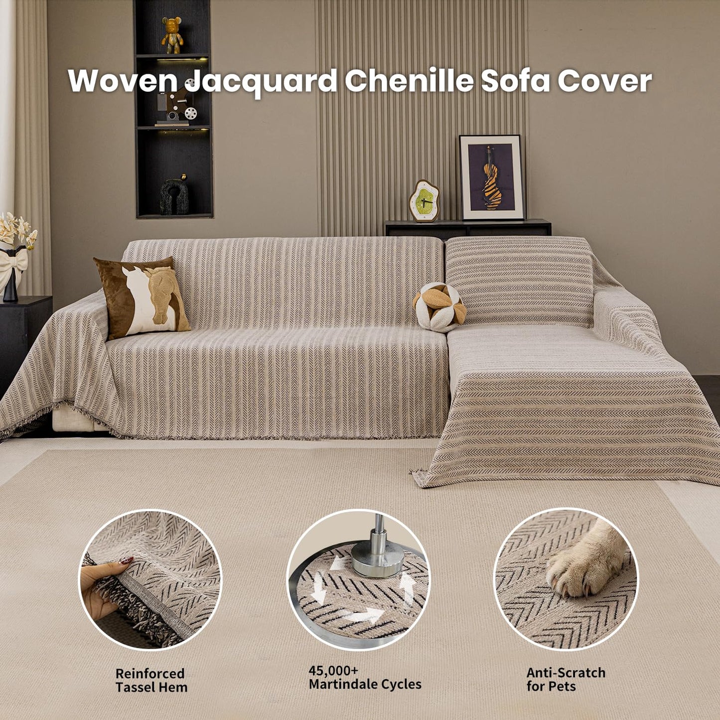 Nobildonna Chenille Couch Cover for Sofa Cover Washable Pet Scratch Couch Covers Tassel Sofa Slipcover for 2 Cushion Couch,Furniture Protector Blanket for Living Room,Camel Brown 71"x118"