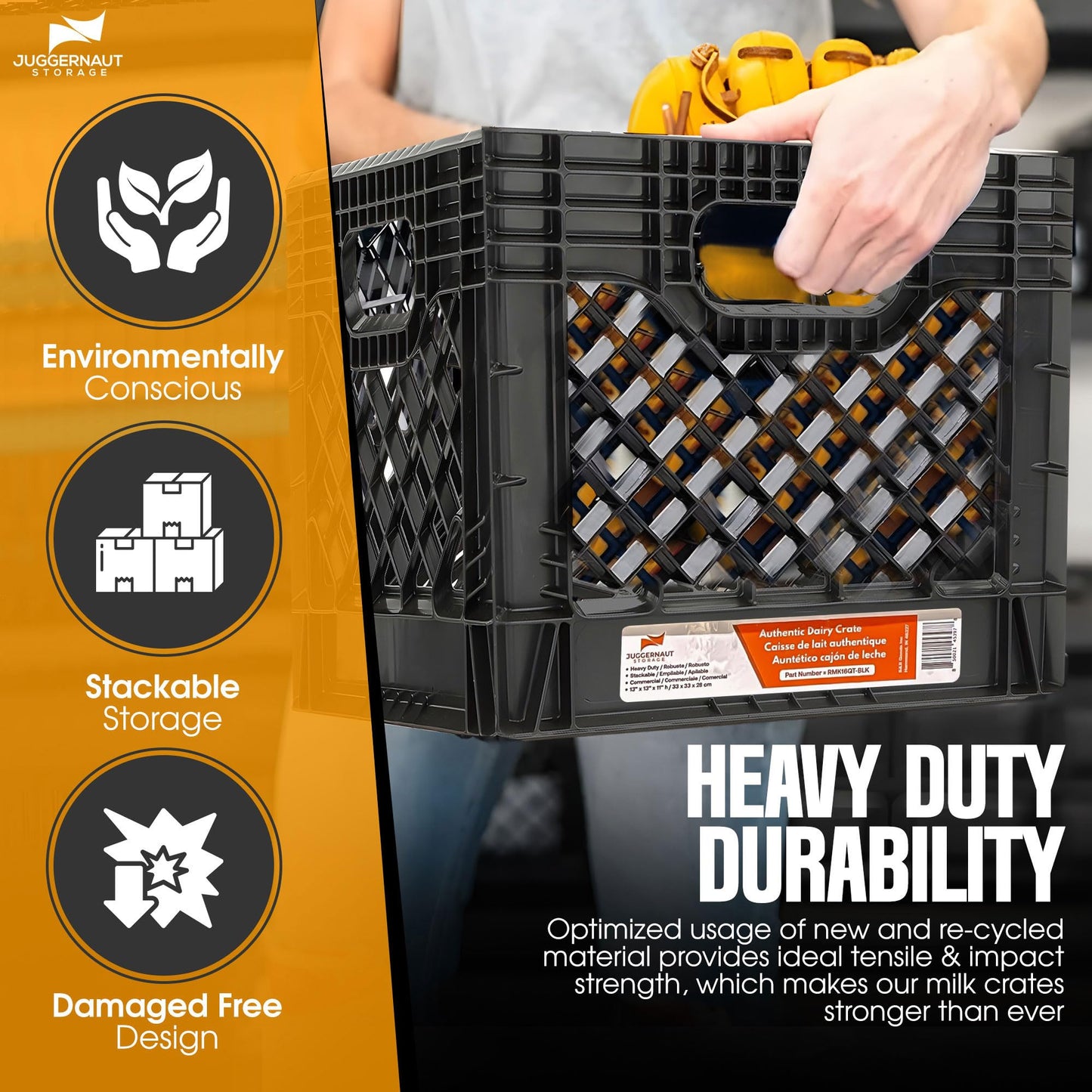 Juggernaut Storage 2-Pack Stackable Heavy Duty Milk Crates with Handles, 16 Qt, Black - Organizing Plastic Crate Basket for Grocery Shopping, Home Supplies, and Bathroom Accessories