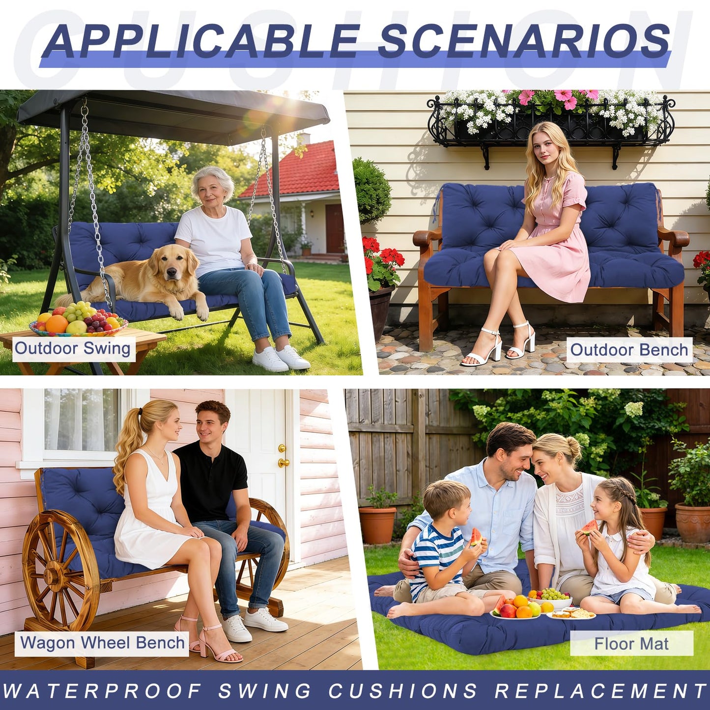 Mokoey Porch Swing Cushions 60 inch Bench Cushion Waterproof Outdoor Swing Cushions 3 Seater Thick 5in Replacement Swing Cushions for Outdoor Furniture Patio (Navy Blue-60x40inch)
