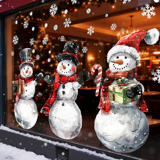 Ivenf Christmas Window Clings Decorations: 3 Sheets Extra Large Rustic Snowman Window Clings with Snowflakes, Watercolor Farmhouse Winter Xmas Stickers for Home Office School Holiday Party Décor