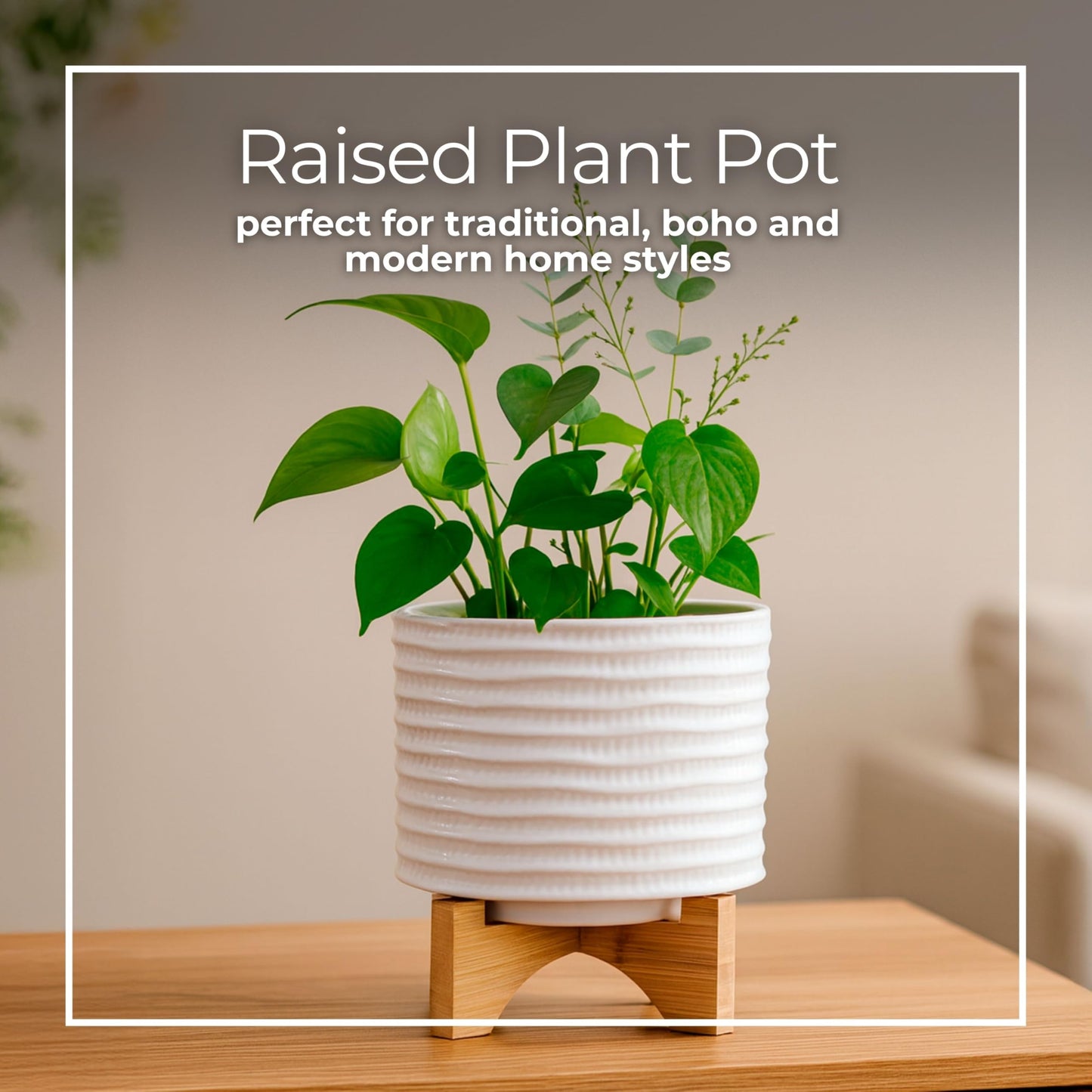 Ceramic Planter with Bamboo Stand – Modern Home Decor Indoor Plant Pot with Textured Stoneware Design – Decorative Planter with Legs for Living Room, Bedroom, Office, Patio, or Garden - 8", White