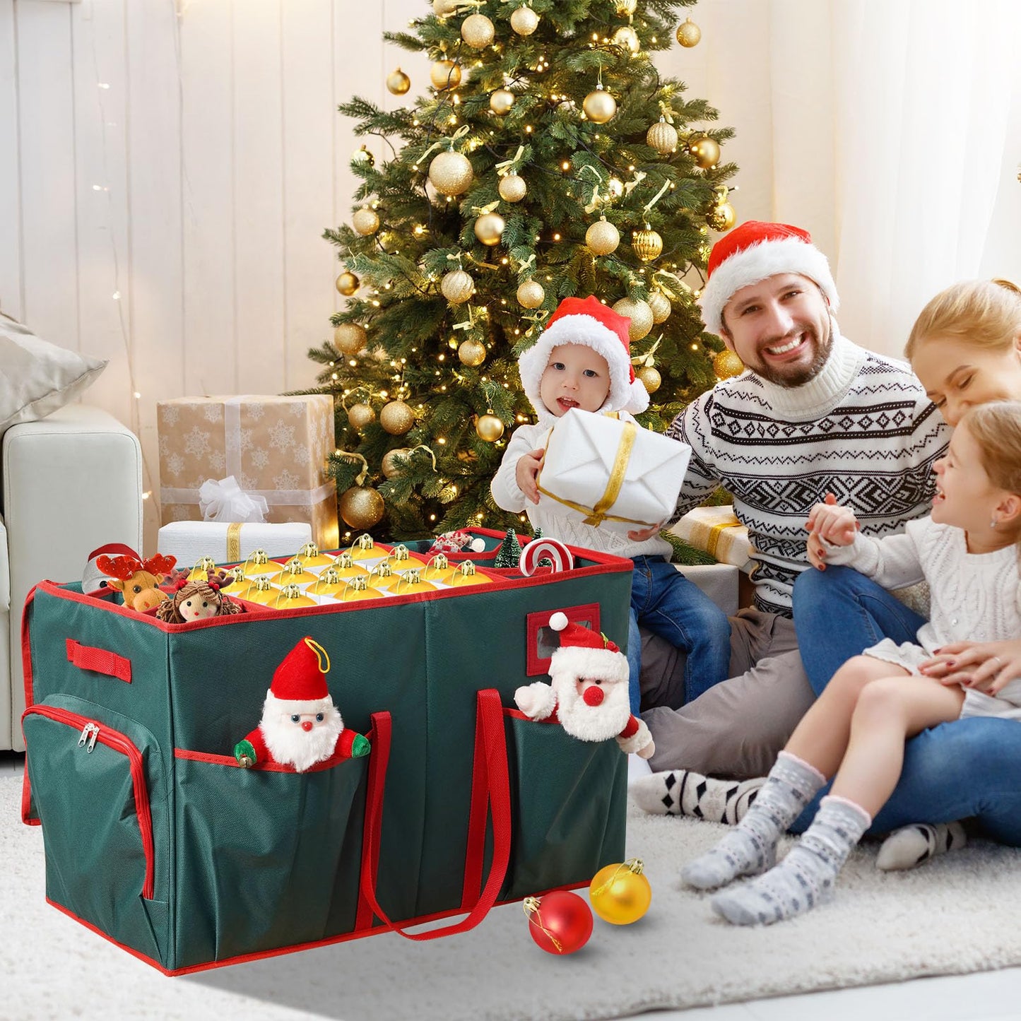 Peyulia Christmas Ornament Storage Box,2-in-1 Christmas ornament organizer&Christmas Figurine Container,5 Trays,6 Adjustable Christmas Figurine Storage Grids,Green