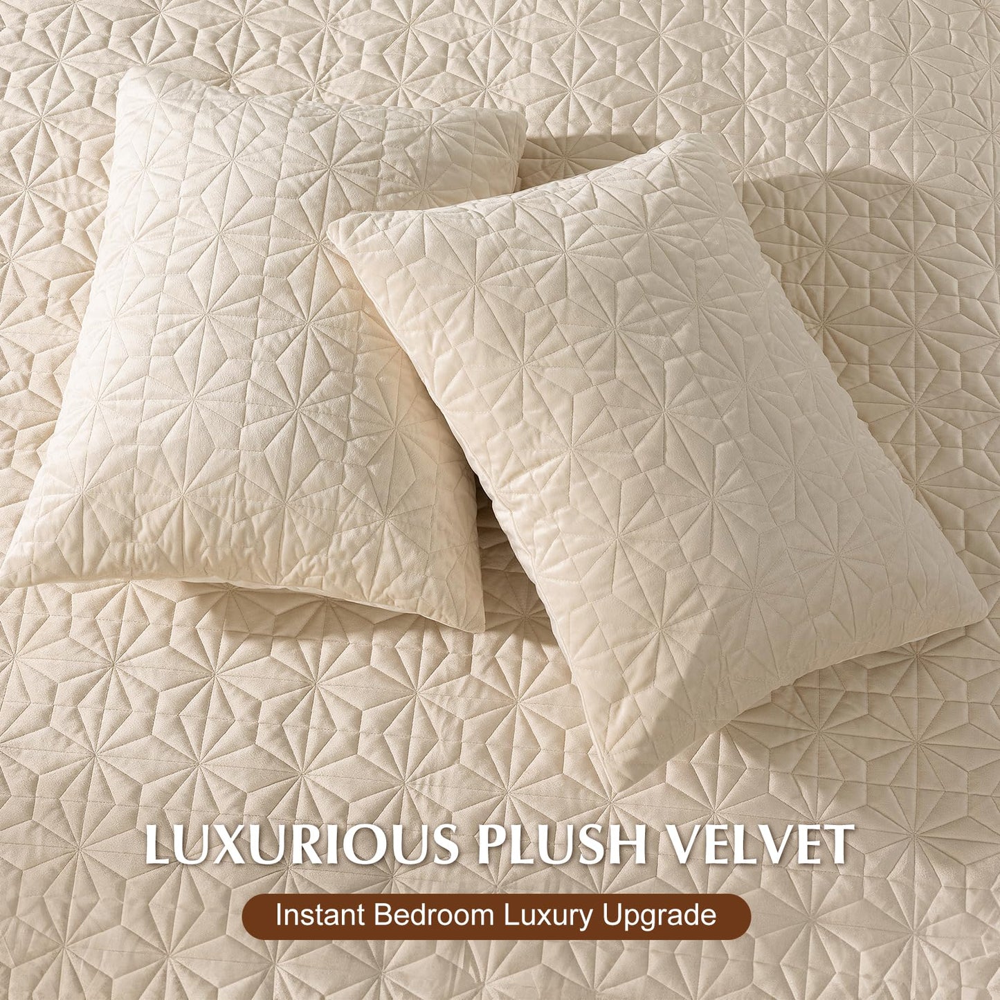 Uqocnh Luxury Velvet Quilt Set Queen Size 3 Piece, Soft Channel Stitch Velvet Comforter Set with 2 Pillow Shams, Lightweight Coverlet Bedspread Bedding Set for All Seasons, Beige