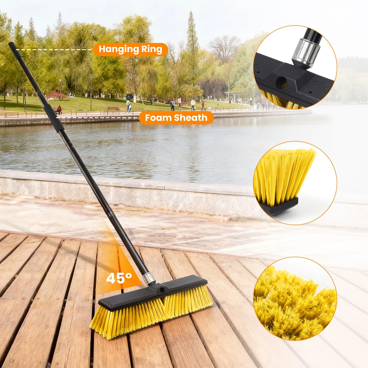 TOMAIX 18 Inches Push Broom Outdoor，Commercial Broom Brush，Stiff Bristle Brush with 61.8 inches Long Handle for Patio Garage Deck Street Shop Warehouse Lawn Driveway -2 Pack