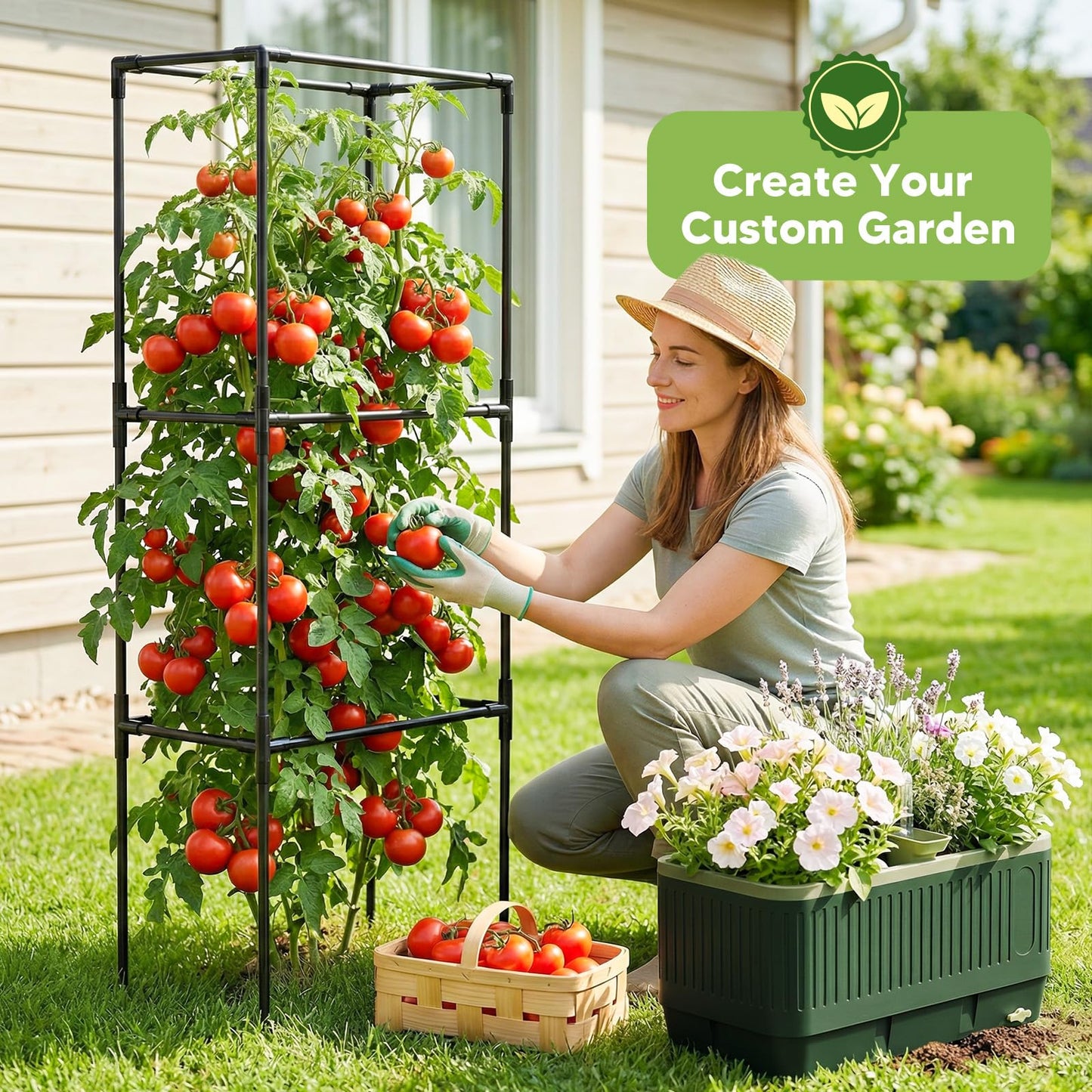 MQJIAZHI Raised Garden Bed with Tomato Cages，52"/4.3ft Tomato Planter with Trellis,Adjustable Height,Self Watering Planter Box for Vegetables & Climbing Plant Indoor Outdoor Balcony Patio (2)