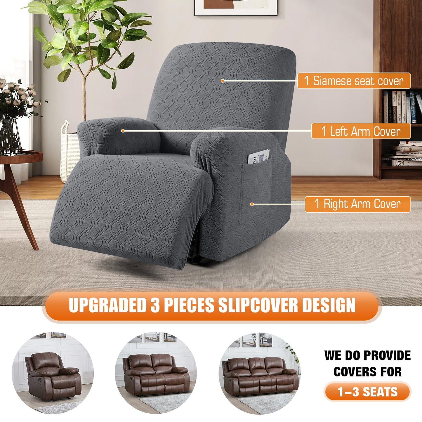 VANSOFY Recliner Chair Cover, 3-Pieces Stretch Recliner Covers for Recliner Chair Soft Reclining Chair Slipcover Furniture Protector for Dogs Cats(Dark Gray)