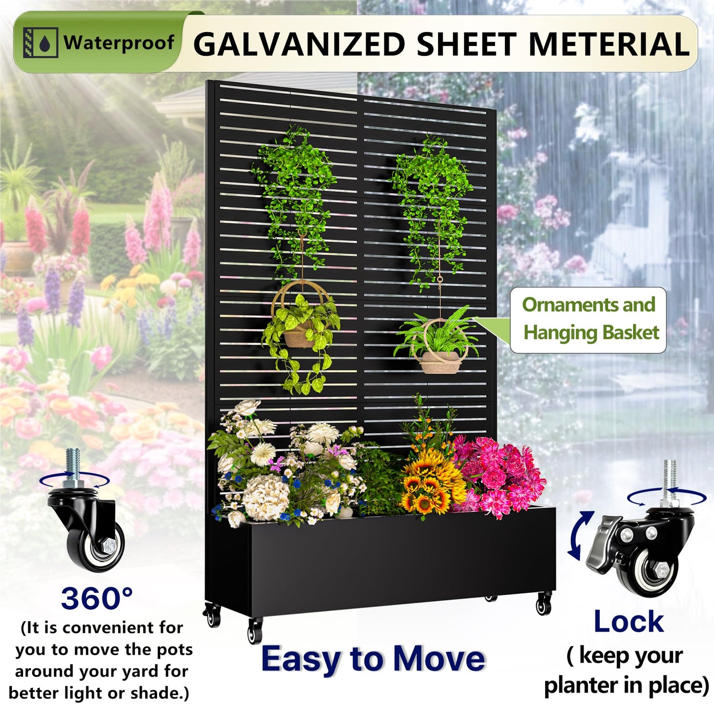 Metal Planter Box with Trellis,72"x47"x16"Galvanized Steel Outdoor Raised Garden Bed with Privacy Screen,with Drainage Holes & Lockable Casters for Climbing Plants,Vegetables,and Vines(BYC)