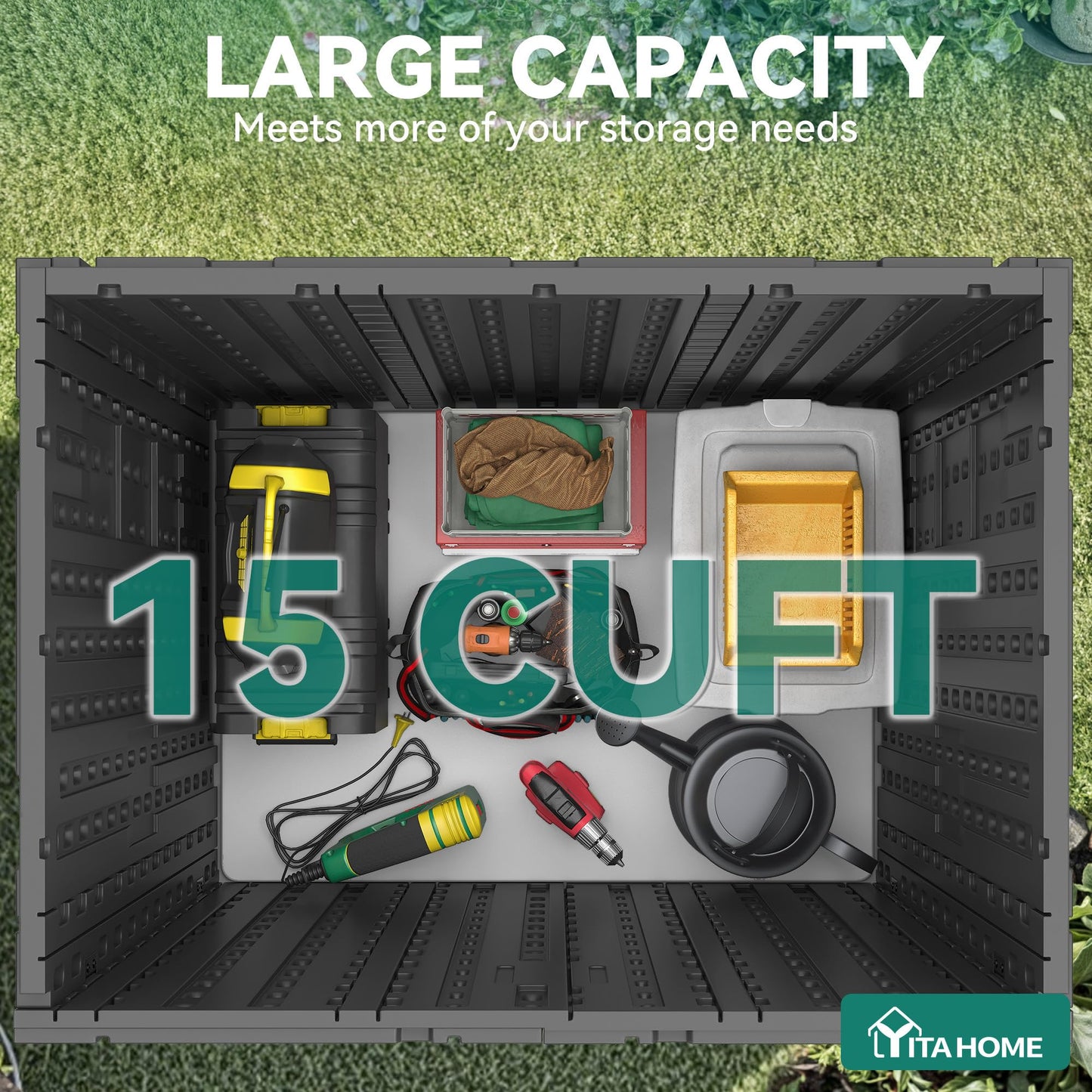 YITAHOME Outdoor Storage Cabinet with 2 Shelves, Waterproof Resin Horizontal Tool Shed, Lockable 15 cu. ft. Storage Shed for Patio, Garden, Yard, Dark Gray
