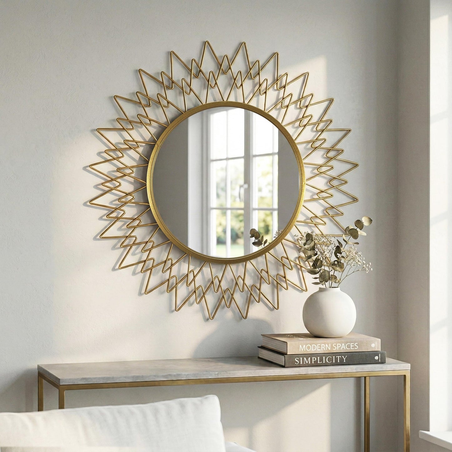 Qiqiong 36" Large Gold Sunburst Wall Mirror - Mid Century Modern Round Starburst Mirror with Metal Radiating Frame - Statement Decorative Wall Art for Living Room, Entryway, Fireplace Mantel