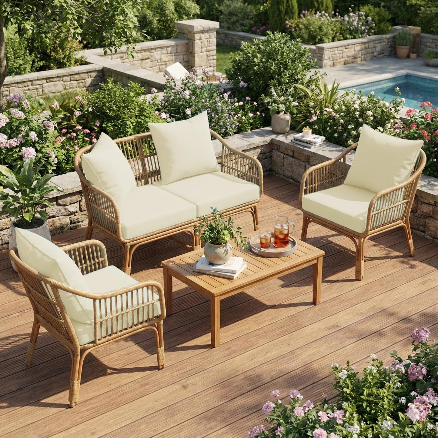 L’AGRATY Outdoor Chair Cushions for Patio Furniture：24" x 24" Deep Seat Cushions with Backrest for Couch Sofa Chair - Waterproof Fade-Resistant Patio Cushion (Set of 1,Beige)