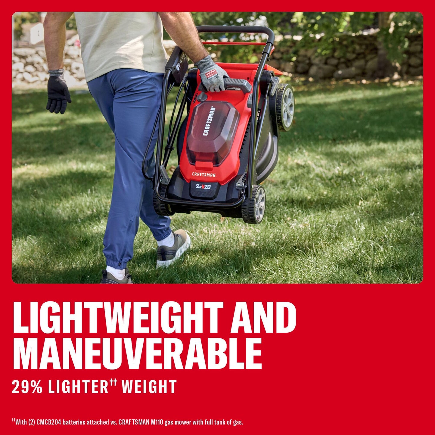 CRAFTSMAN Push Mower 15 in, 2 x 4 Ah V20 Batteries and 2 Chargers Included, Up to 45 Min of Runtime, Lightweight, Easy to Maneuver Electric Lawn Mower Cordless with Grass Bag (CMCMWP120M2)
