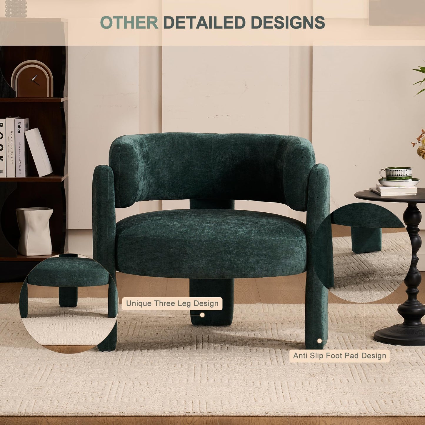 ENYLAY Modern Accent Barrel Chair,Mid Century Single Armchair with Curved Backrest Upholstered Side Reading Chair with 3 Legs Comfy Sherpa Chair for Bedroom Home Office Living Room (Green, Set of 1)