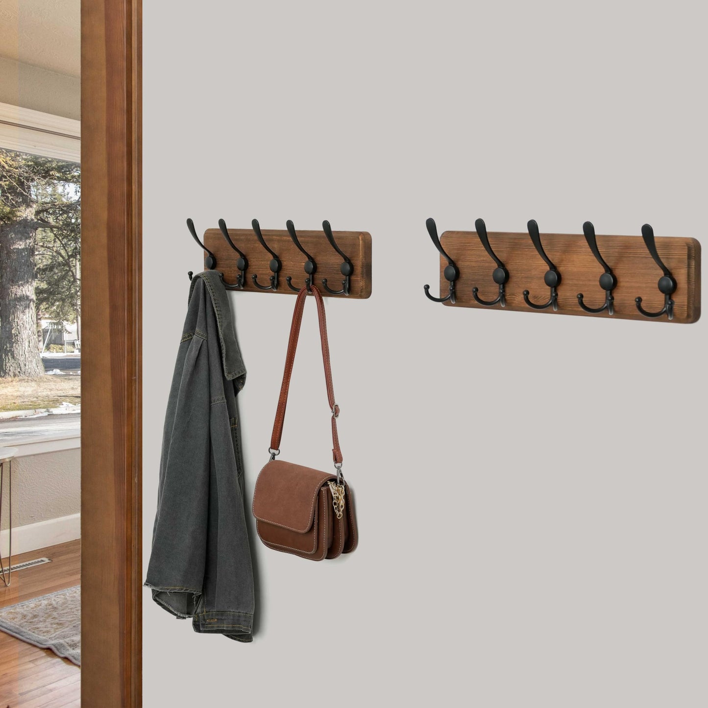 WEBI Rustic Coat Rack Wall Mount,Solid Wood Coat Hooks Wall Mounted Coat Hanger,16" Hole to Hole,Hook Rack Rail,5 Triple Hooks for Hanging Coats,Jacket,Clothes,Farmhouse,Brown