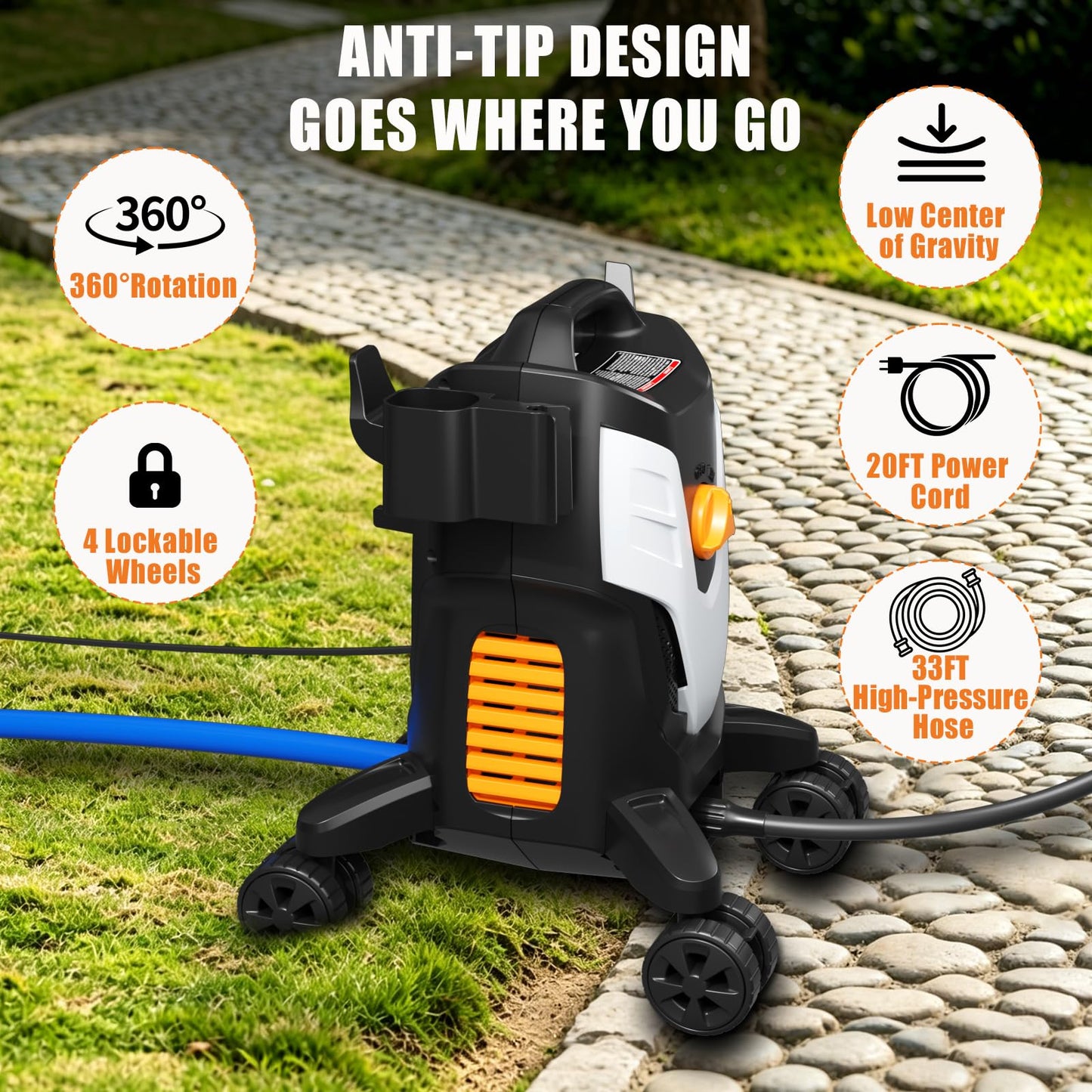 Electric Pressure Washer 4500PSI 2.8 GPM High Pressure Washer with Anti-Tipping Technology, 4 Quick Connect Nozzles, Stainless Steel Spray Wand, Electric Power Washer for Cars/Fences/Driveways/Home
