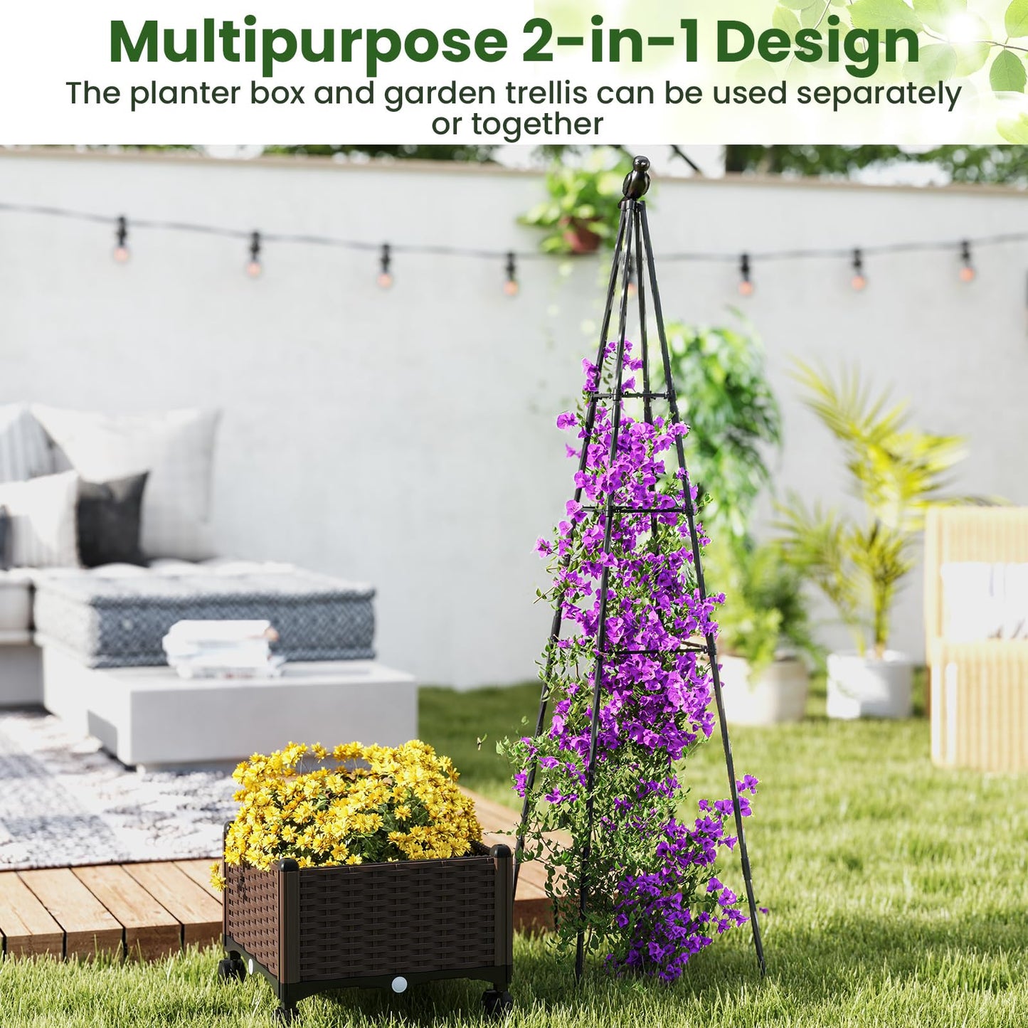 Giantex Raised Garden Bed with Wheels & Tomato Cage, Self Watering Planter Box with Obelisk Trellis, Adjustable Height, Indoor Outdoor Planter for Climbing Plant Flower Vegetable Fruit (1)