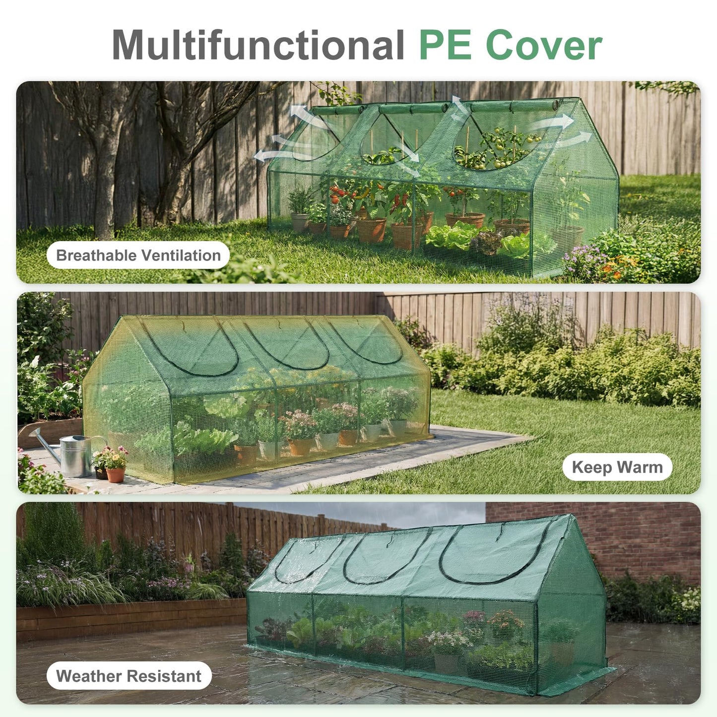 Aoodor 9 x 3 x 3 ft Mini Greenhouse with 3 Zipper Doors, Water-Resistant, UV-Protected for Flowers, Vegetables, and Herbs, Green
