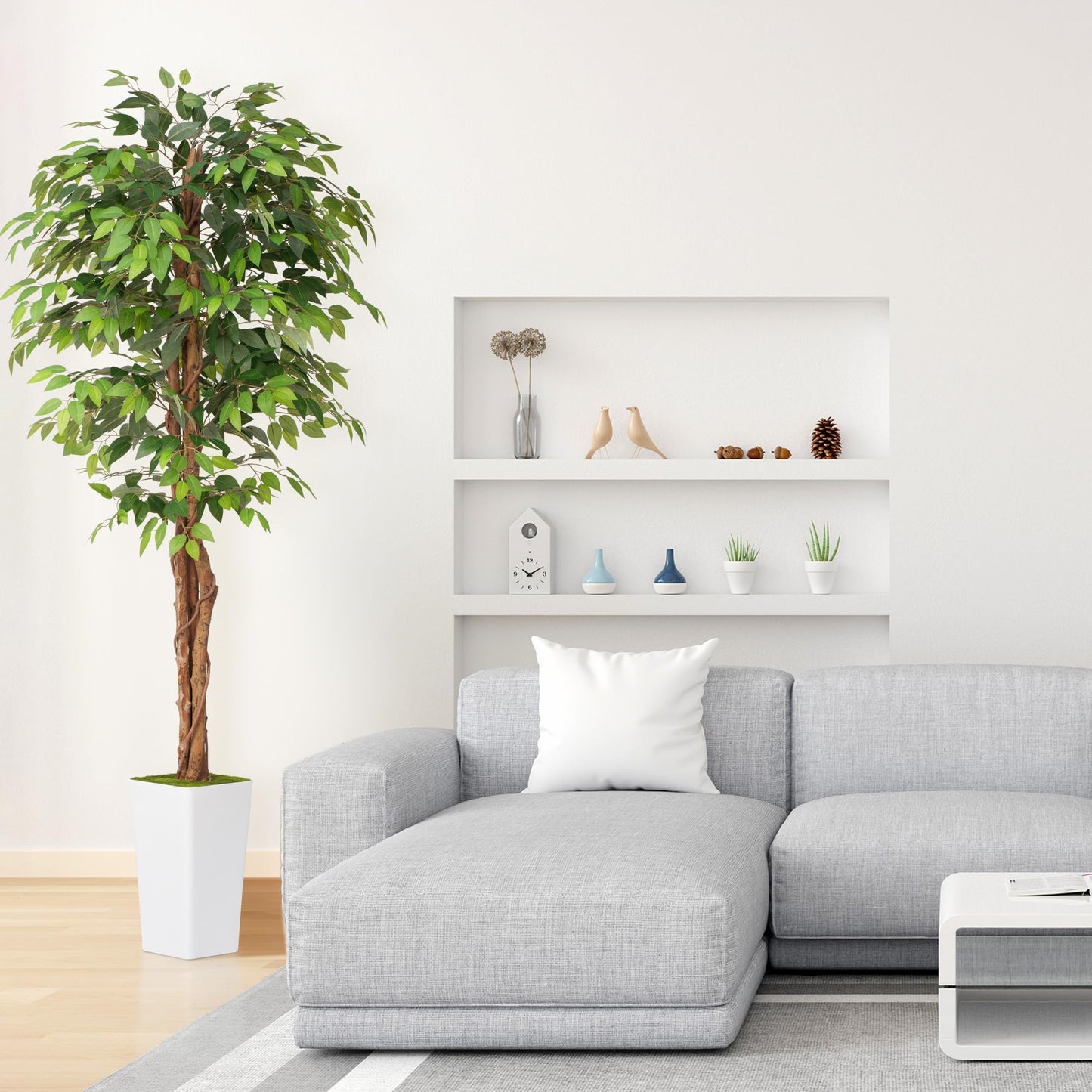 Waoops Artificial 7Ft Ficus Silk Tree with Tall Planter - Faux Plants Indoor with Natural Wood Trunk - Large Tall Fake Plants for Home Office Living Room Patio Decor