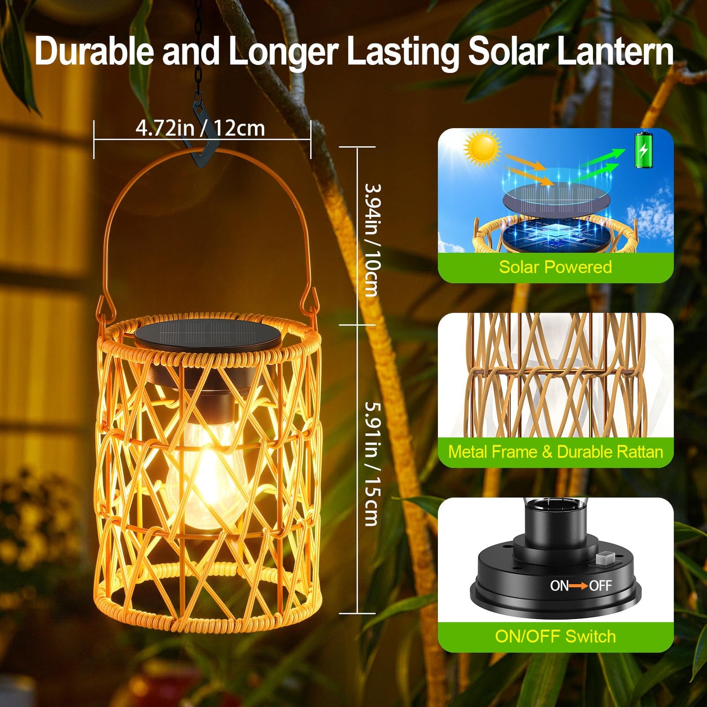 KOOPER Solar Lantern Outdoor Lights, 4 Pack Bright Hanging Solar Lanterns Outdoor Waterproof with Handle, Decoration Rattan Lanterns for Outside Hanging Garden Patio Yard Porch Trees Lawn Pathway Gift