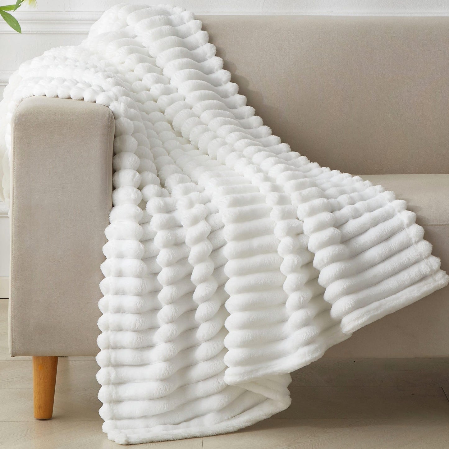 COZYXWORLD 380GSM Heavyweight Ribbed Textured Fleece Blanket, 50x60 Substantial Weight Warm Throw for Couch, Neutral Aesthetic White 50x60 Inches