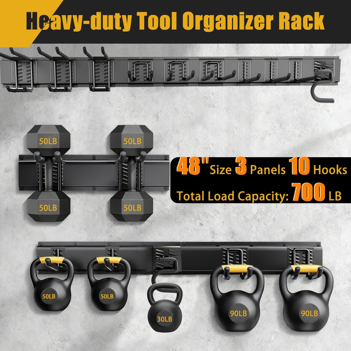 KOFANI Heavy Duty Garage Wall Organizer with 700LB Capacity, 48Inch Garage Tool Organizer Wall Mount and Garden Tool Organizer with Adjustable Tool Rack for Garage Shed Yard Storage
