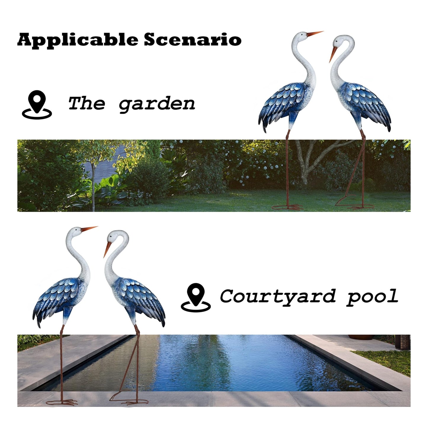 Kircust Outdoor Blue Heron Statues Metal Garden Crane Sculptures, Bird Yard Art Large 47-48 Inch, Set of 2, for Pond & Lawn Garden Decor, Gifts for Women, Men, Friends