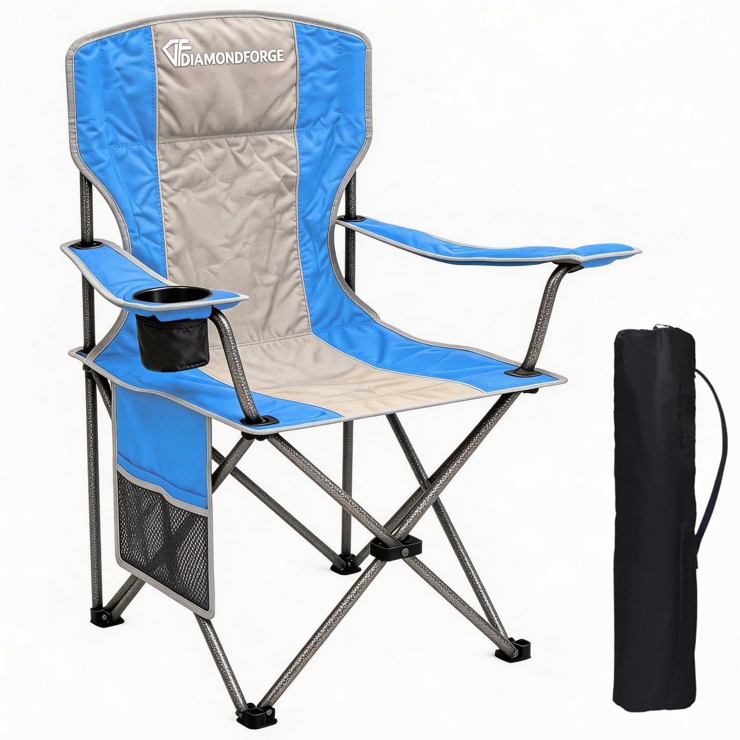 High Back Camping Chair for Adult, Portable Folding Camp Chair, Outdoor Camping Chair with Wide Cup Holder, Side Pocket for Hiking Fishing Sports, (Blue Grey)