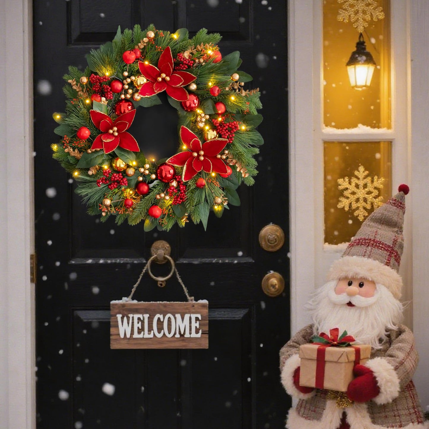 Christmas Wreaths for Front Door- 24 Inch Outdoor Prelit Christmas Door Wreath with Lights, Lighted Xmas Wreath with Poinsettia Flowers,Red Berries,Golden Ball- Home Christmas Decorations