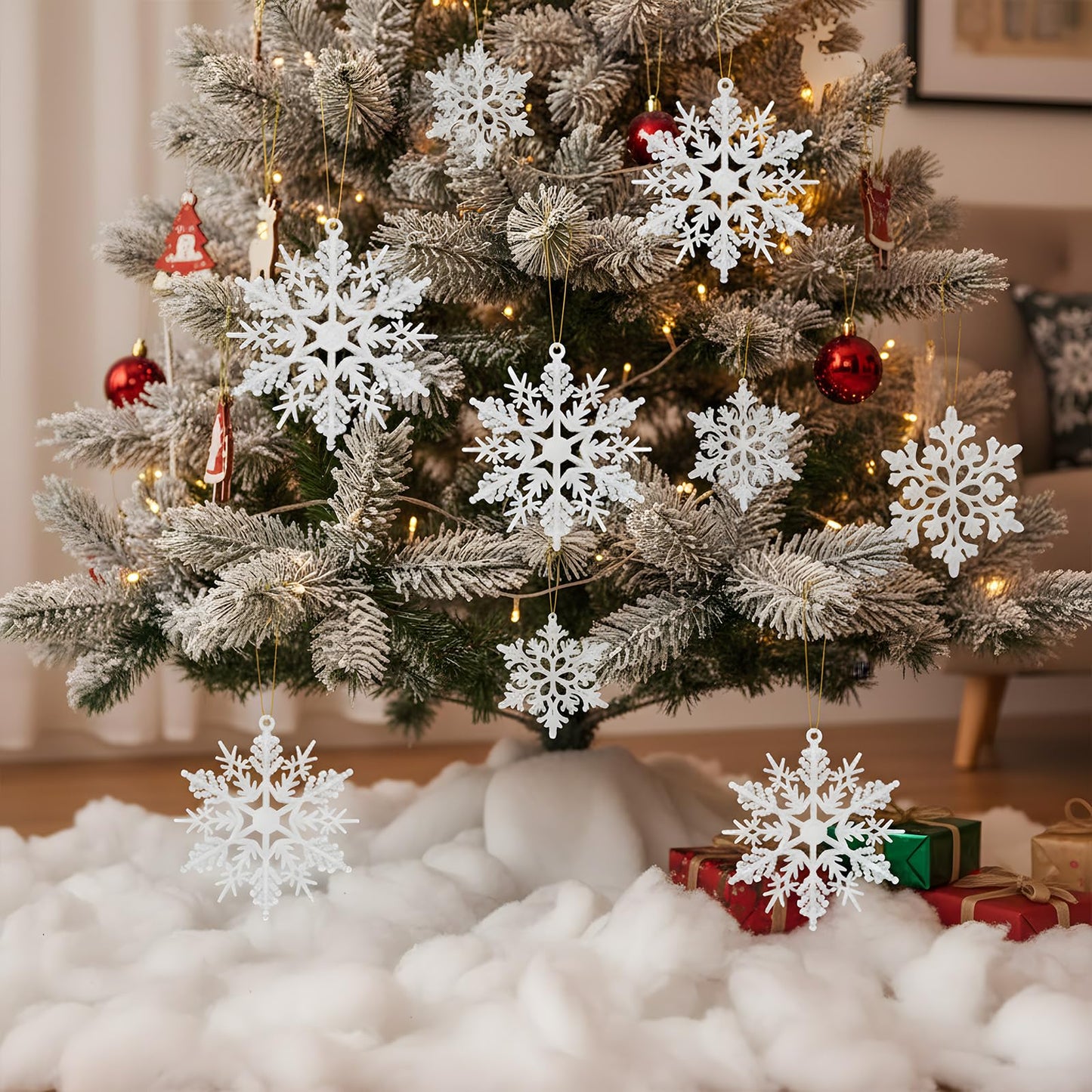 HunnmingRe 37 Pcs Christmas Tree Ornaments Set, 93 x 35 Inches Snow Blanket Roll and 36 Pcs White Glitter Plastic Snowflake Ornaments for Winter Tree Garland Village Decor