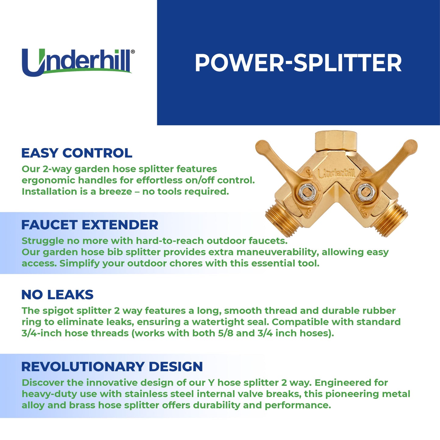 Underhill Garden Y Hose Splitter 2 Way, Heavy Duty Bib Faucet Spigot Connector with Water Shut Off Valves, Metal, 30 GPM, 3/4-Inch Thread, A-HB2HF